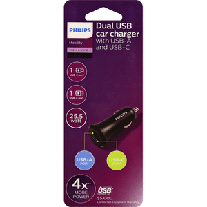 Dual USB car charger with USB-A and USB-C