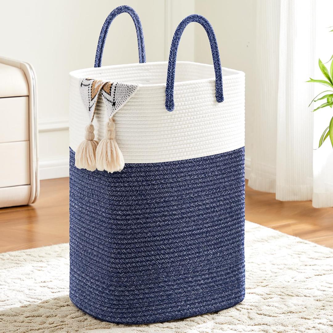 Laundry Basket,Woven Cotton Rope Laundry Hamper,Versatile Storage for Dirty Clothes,Baby Toys,and Blankets in Bathroom, Nursery,and Living Room (Blue, 60L)