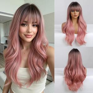 Esmee 24" Women Synthetic Wigs Natural Long Wavy Ombre Pink with Dark Roots＆Fluffy Air Bangs Light Cosplay Party Wigs