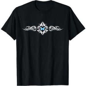 Butterfly Heart Tattoo Blue y2k Grunge Egirl Aesthetic T-Shirt (XL, Black)