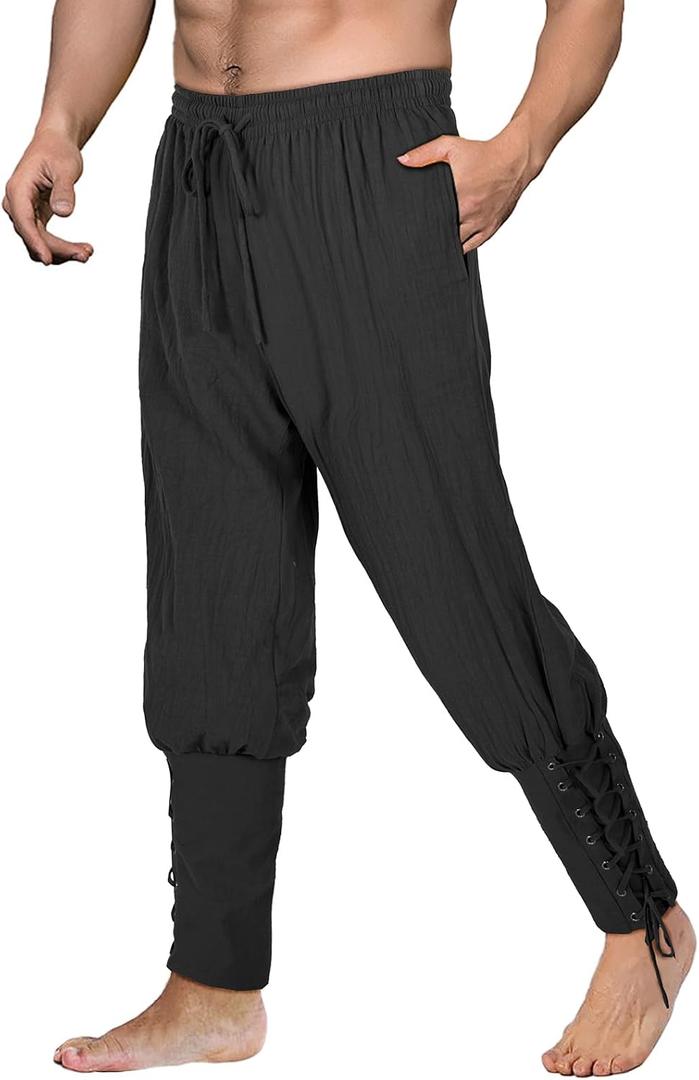 Men's Pirate Pants Renaissance Medieval Viking Pants Linen Ankle Banded Trousers Halloween Costume (Large, Z3707bk)