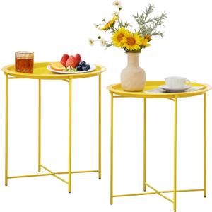 2 x VECELO Side/End Table, Folding Round Metal Anti-Rust and Waterproof Outdoor or Indoor Tray for Living Room Bedroom Balcony and Office, 2 PCS, Yellow