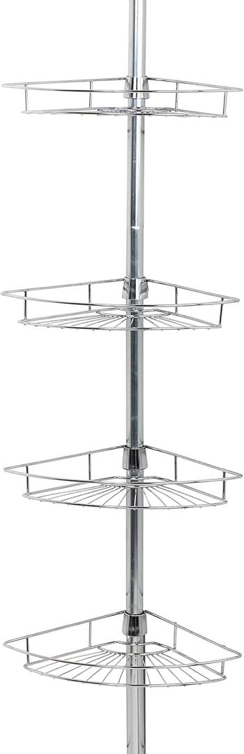 Zenna Home Tension Pole Shower Caddy, Adjustable Corner Shower Storage System with 4 Baskets and Built in Towel Bar, Rust-Resistant Bathroom Organization Solution, 60 to 97 Inch, Chrome