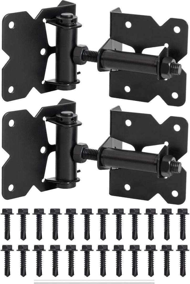 Self-Closing Gate Hinges, Heavy Duty Door Hinges for Wooden/Vinyl/PVC Fences, 90 Degree Adjustable Gate Hinge Hardware Kit with Spring Adjuster Tool, Black(1 Pair-2 Hinges)