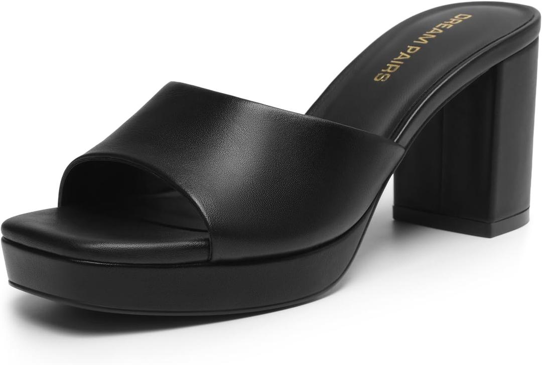 DREAM PAIRS Women's Platform Block Heel Mule Sandals, Square Toe Ankle Strap Slip On Comfortable Heeled Sandals for Party Wedding Shoes (9, Black)