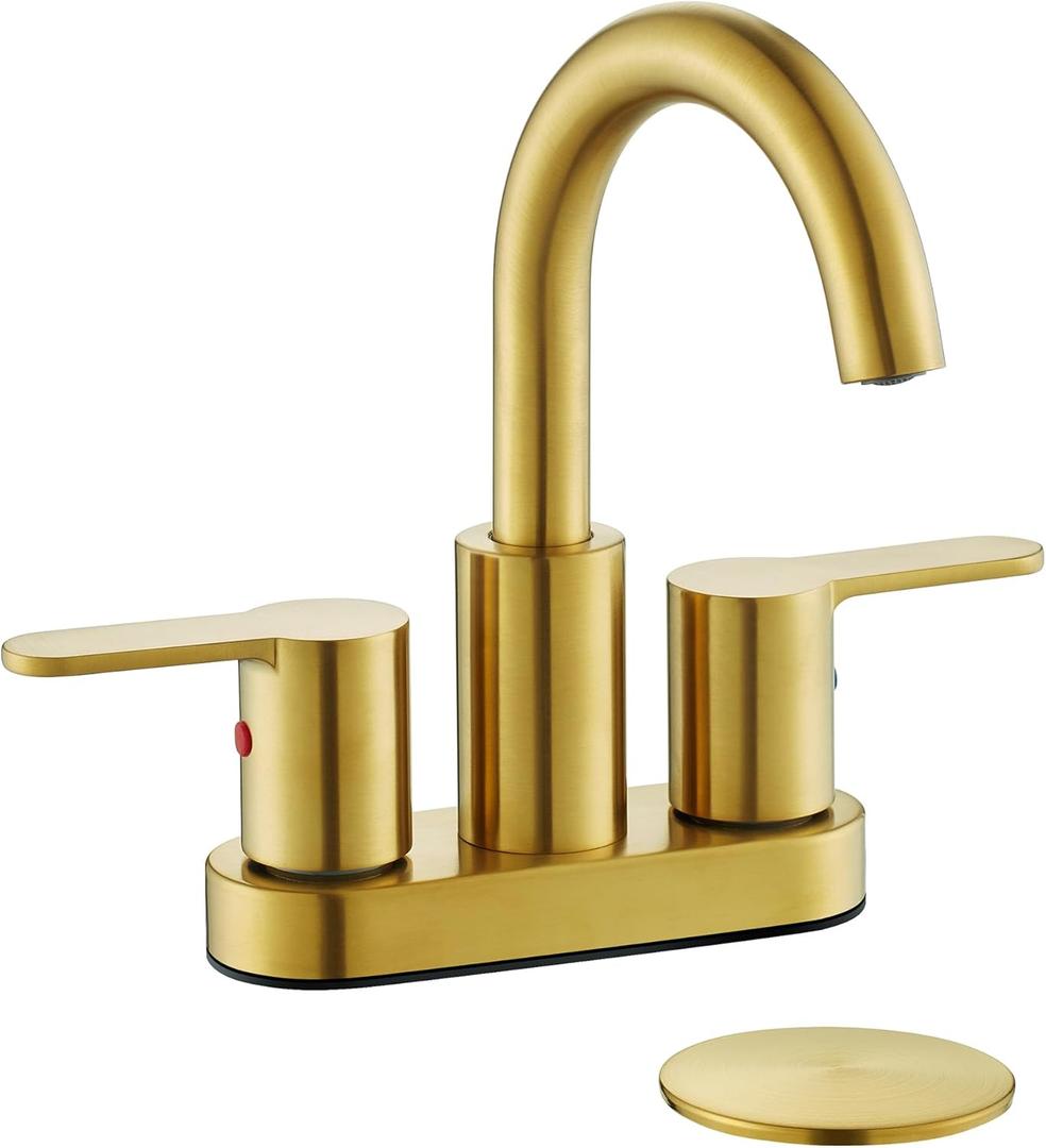 Brushed Gold 2 Handle Centerset Bathroom Sink Faucet with Drain Assembly, High Arc Modern 4 Inch Bathroom Vanity Lavatory Faucet 3 Holes with Brass 360 Swivel Spout, TAF067E-PB