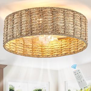 20" Fandelier Rattan Boho Ceiling Fans Rattan chandelierBoho Remote Control, 6 Speeds, Handwovenalso has 1 hour/2 hours/4 hours timer off functionfor Bedroom, Living Room, Dining Room, Yoga Room