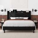 Feonase Queen Size Bed Frame with Charging Station, Linen Upholstered Platform Bed Frame with Wingback Storage Headboard, Solid Wood Slats Support, No Box Spring Needed, Noise Free, Black