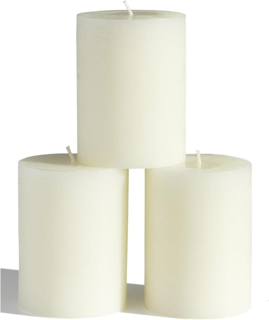 CANDWAX 3x4 inch Pillar Candles Set of 3  Unscented Dripless Rustic Ivory Candles for Home Decor, Weddings, Table Settings