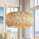 Hand-Woven Boho Pendant Light, 17.7" 5-Light Bohemian Rattan Lighting Fixture Natural Weaving Hanging Ceiling Light Coastal Wicker Chandelier for Kitchen Island Living Dining Room Restaurants