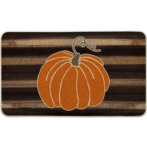 Artoid Mode Wood Stripes Pumpkin Fall Doormat, Autumn Home Decor Low-Profile Switch Rug Door Mat Floor Mat for Indoor Outdoor 17x29 Inch (Brown)