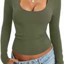 Eachyes Womens Tight Long Sleeve Shirts Scoop Neck Tops Y2K Basic Slim Fit Going Out Fall Fashion Clothes 2026 (Brown, M)