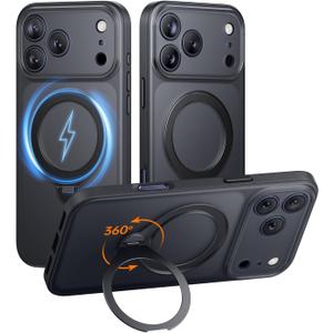 Magnetic for iPhone 17 Pro Max Case with Stash Stand, Military Grade & Full Camera Protection, Compatible with MagSafe, Anti-Slip, Translucent Matte (Black)