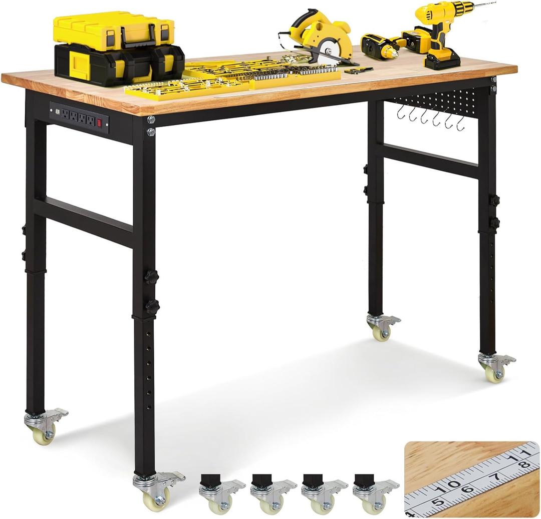 48" Adjustable Workbench with Power Outlet, 2000 Lbs Heavy Duty Work Table, 29.5"-39.4" Height Adjustable Workbench with Wheels & Pegboard, for Garage Office Workshop Home Commercial
