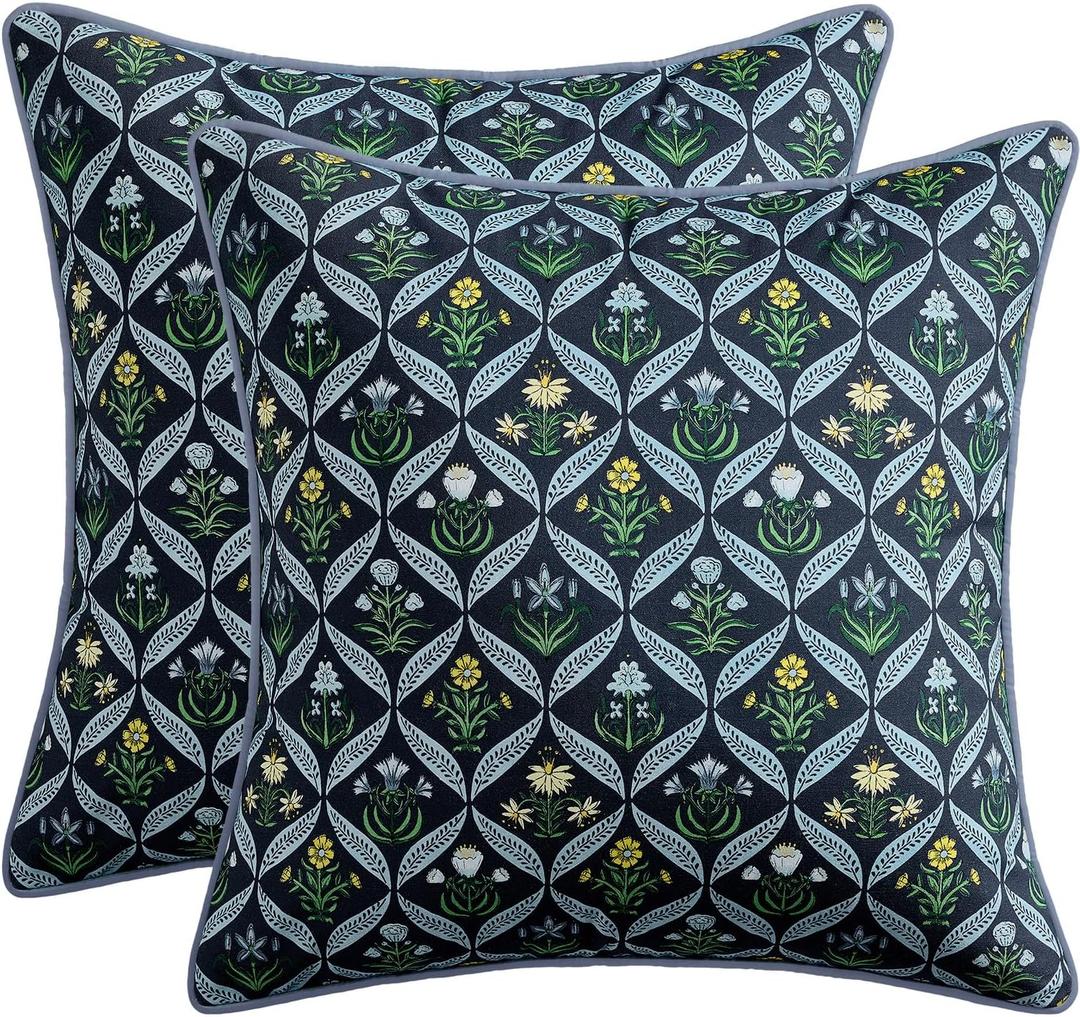 MIULEE Floral Throw Pillow Covers 18x18 Set of 2 Dark Blue Spring Decorative Block Print Cotton Cushion Covers for Couch Living Room, Boho Modern Outdoor Sofa Vintage Garden Pillowcases Home Decor