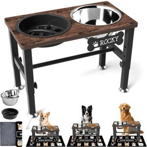 SHAINFUN Elevated Dog Bowls with Slow Feeder & Mat for Medium and Large Dogs, 12" Tall Adjustable Wooden & Metal Raised Dog Bowl Stand, 2 Stainless Steel 58oz Bowls for Food & Water (Brown-1.7L)