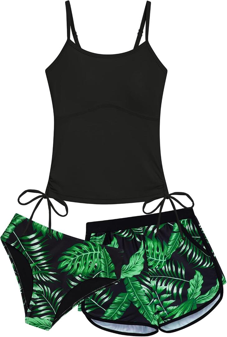 Girls Swimsuit 3 Piece Tankini Girls Swimwear Swim Shorts with Pockets Bathing Suit for Teen Girls (Black, 10Y)