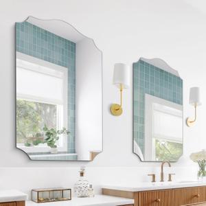 Large Arched Mirror Wall Decor Set of 2, 36"x24" Vanity Antique Mirror for Wall, with Irregular Scalloped Shaped Frame, for Bathroom, Entryway, Living Room, Bedroom