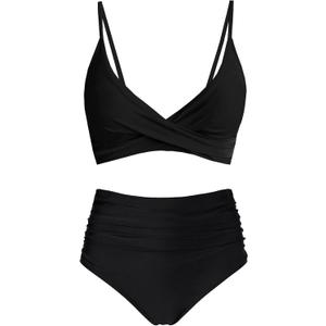 Amy Babe Women's High Waisted Bikini Sets Push Up Twist Front Spaghetti Straps Ruched Two Piece Swimsuit Bathing Suit (Black, M)