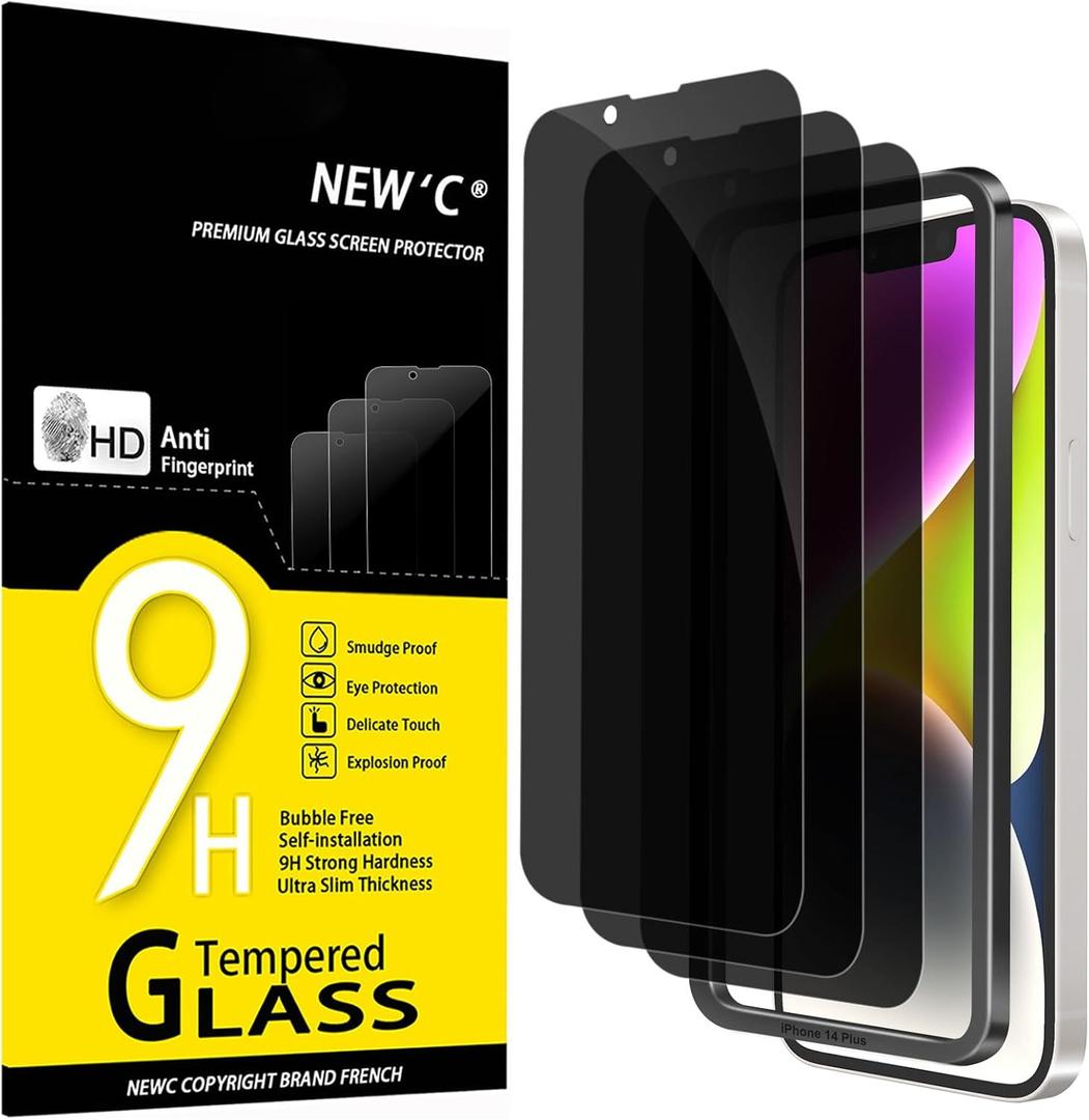 NEW'C 3 Pack Privacy for iPhone 14 Plus,iPhone 13 Pro Max Screen Protector (6.7 inches), Anti-Spy Tempered Glass Film,Case Friendly, Balanced 28-Degree Privacy Angle- Easy installation tool included