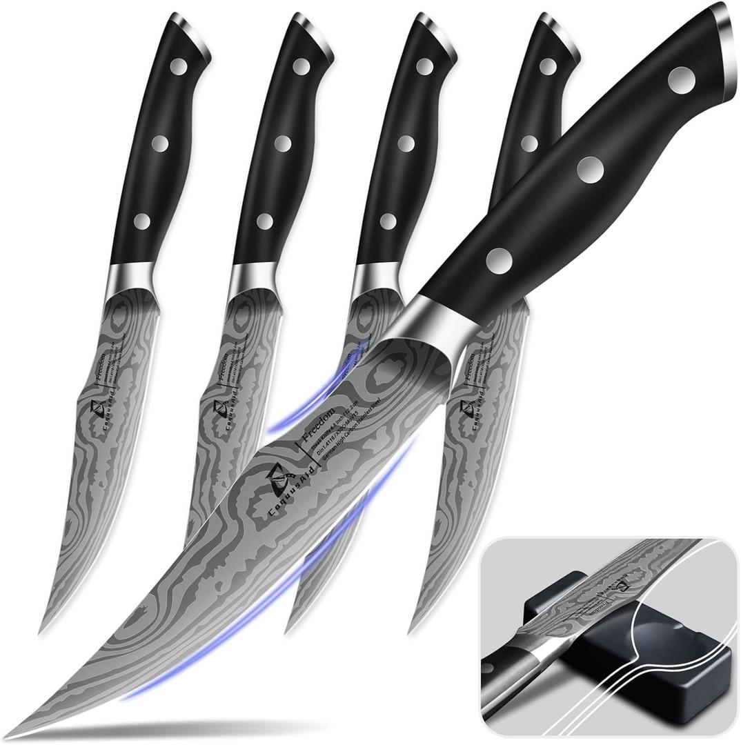 CoquusAid Steak Knives Set of 4, 4.8 Inch Fine-Edge Super Sharp Table Knives with Rest, Premium Germany Stainless Steel Ergonomic Handle, Elegant Black Ideal for Gift