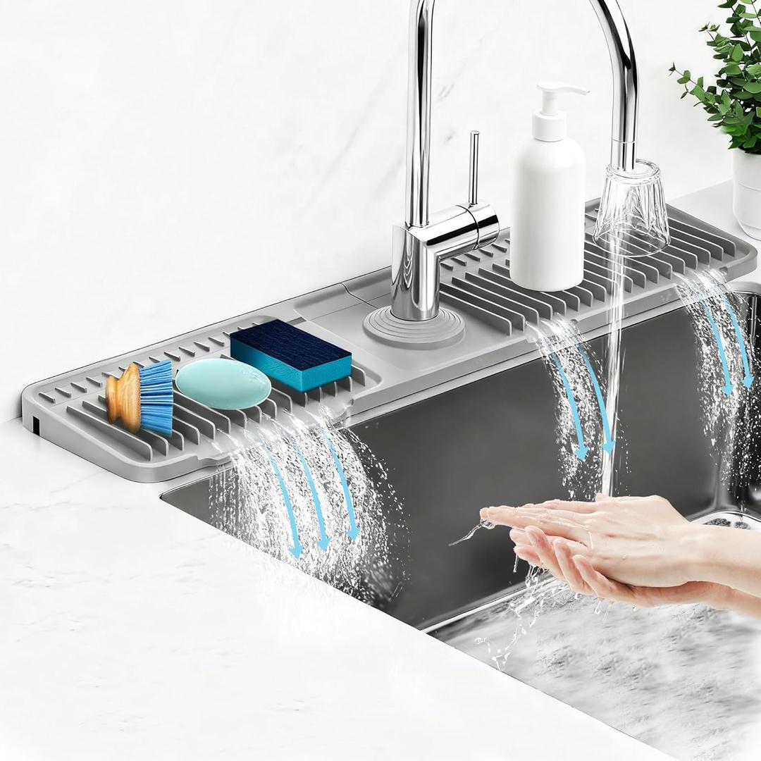 Silicone Faucet Mat for Kitchen Sink Splash Guard (24" x 5.5") - 7 Incline, Quick Self-Draining & Snap-Lock Kitchen/Bathroom Sink Protector Quick Dry Around Faucet Draining Mat Christmas Gifts (Silicone Light Grey)