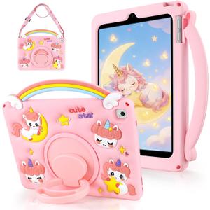 WESADN for iPad 6th 5th Generation Case 9.7 inch for iPad Pro 9.7'' Case Kids Girls Cute Cartoon Rainbow Unicorn Tablet Cover with Shoulder Strap Rotating Stand Handle i-Pad Air 2 Cases 2018, Pink