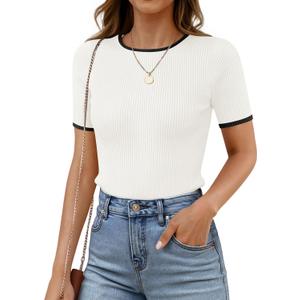 ZESICA Women's Summer Short Sleeve Ribbed Knit Slim Fit T Shirt 2025 Crewneck Basic Casual Color Block Tee Tops (Medium)