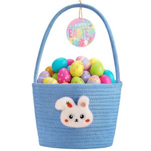 Yeeeasy Easter Basket for Kids, Adorable Plush Bunny Face Woven Egg Hunt Bucket with Handle, Soft First Easter Gift Tote Bag, Nursery Toy Storage Bin with Tag, Blue