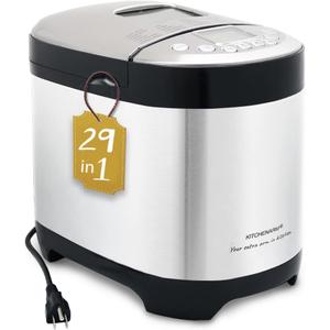 KITCHENARM 29-in-1 SMART Bread Machine with Gluten Free Setting 2LB 1.5LB 1LB Bread Maker Machine with Homemade Cycle - Stainless Steel Breadmaker with Recipes Whole Wheat Bread Making Machine (29 Programs - 3 Loaf Sizes - 3 Crust Colors)