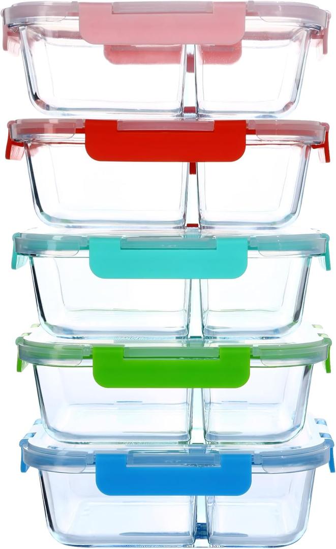 5 Pack 30oz Glass Meal Prep Containers - 2 Compartment Glass Food Storage Containers with Lids, Airtight Bento Boxes, Oven, Freezer & Dishwasher Safe
