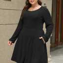 Nemidor Womens Plus Size Scooped Neck Long Sleeve Ribbed Midi Swing Dress with Pocket NEM543 (Black)