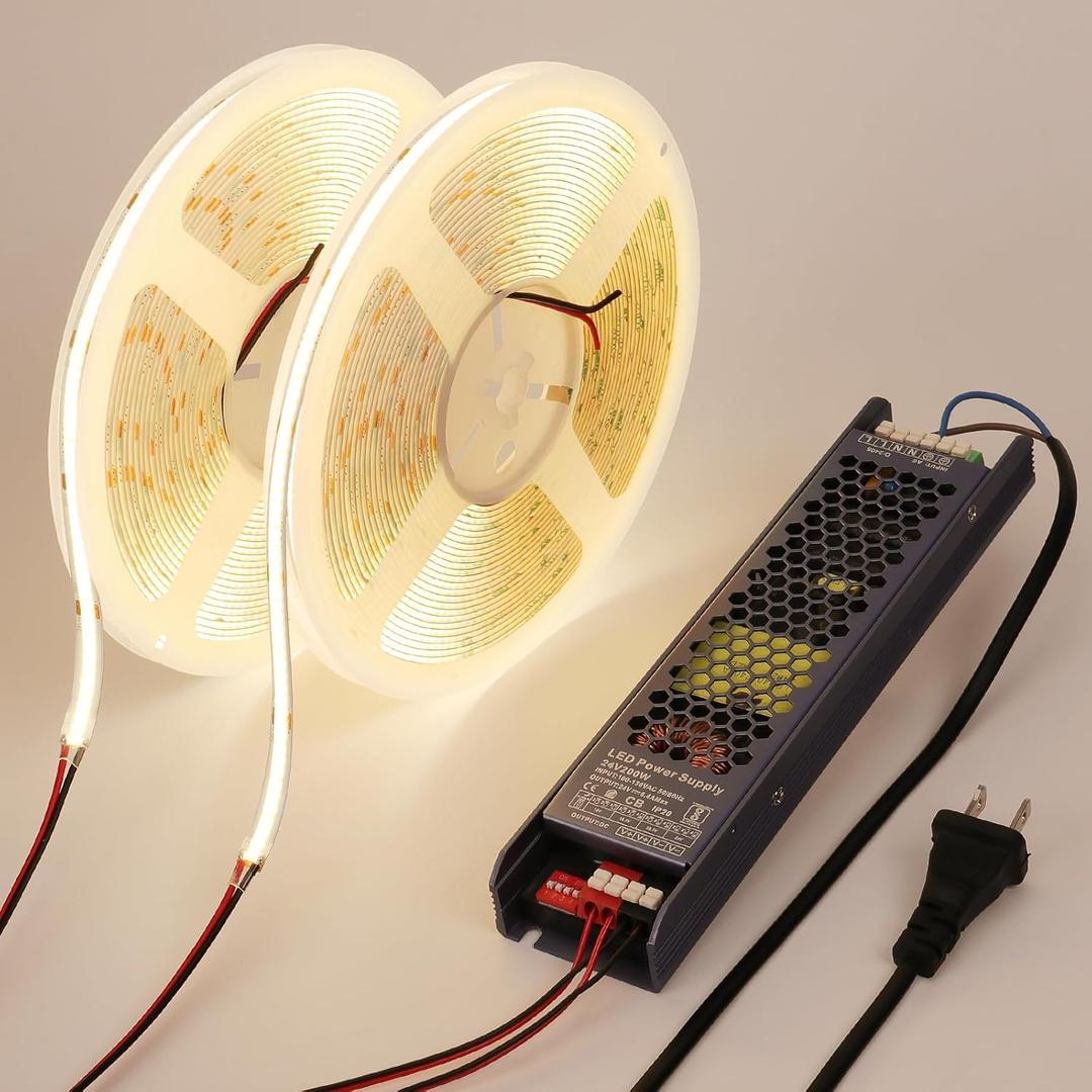 BENLUN 24V COB LED Strip Light 65.6ft (2 Rolls of 32.8ft) Kit, 4000K Natural White Cuttable 11W/M 312LEDs/M CRI 93 LED Tape Lights with Power Supply for Bedroom Kitchen Living Room Ceiling