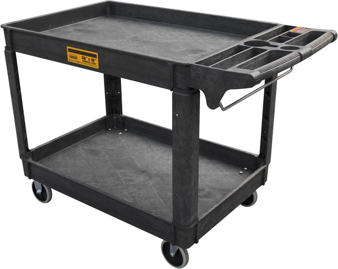 Utility Service Cart, 2-Shelf 500LBS Heavy Duty Plastic Rolling Utility Cart with 360 Swivel Wheels, Lipped Shelves, Ergonomic Storage Handle for Warehouse/Garage/Cleaning/Manufacturing