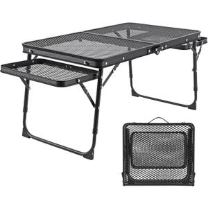 Camping Table Grill Table with Table Extension Board Adjustable Height Folding Tables Mesh Top Portable Grill for Outdoor Indoor Beach BBQ Picnic Travel RV Black