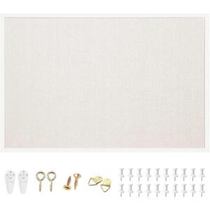 OWLKELA 24'' x 36'' Linen Bulletin Board, White Framed Corkboard, White Oak Frame Linen Cork Board, Vision Board and Decorative Hanging Pin Board