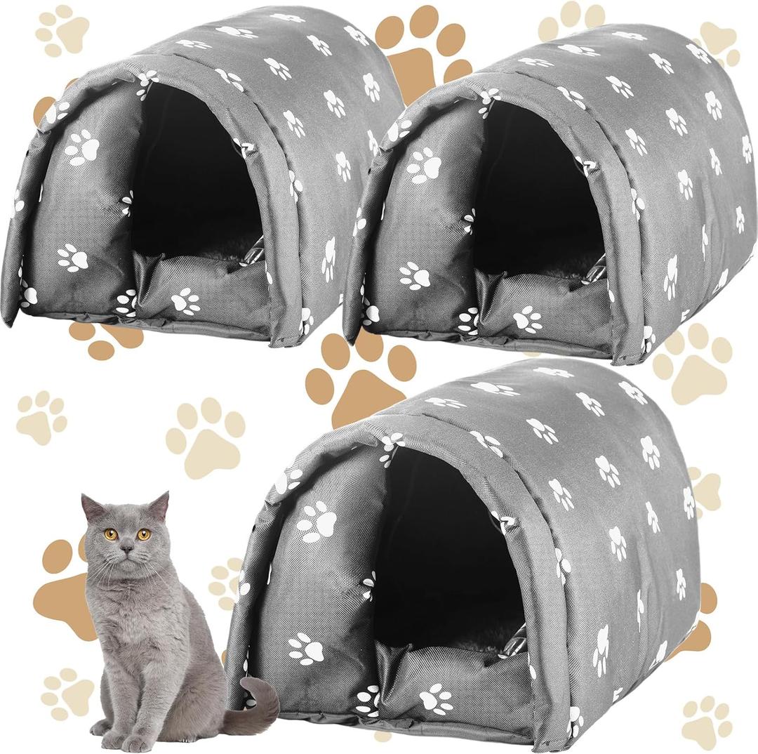 DoubleFill 3 Pcs Cat Houses for Outdoor Cats Winter Weatherproof Insulated Stray Feral Cat Dog House Outdoor Pet Shelter Waterproof Pet Cave Wild Animal (Paw Prints, 16.5 x 12 x 11 Inches)