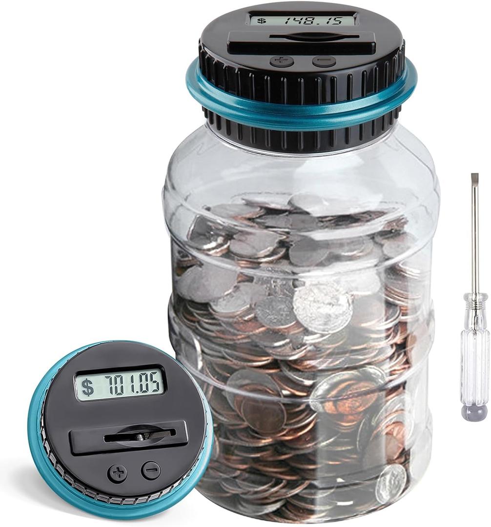 Large Piggy Bank for Boys Adults, Vcertcpl Digital Coin Counting Bank with LCD Counter, 1.8L Capacity Coin Bank Money Jar for Adults, Designed for All US Coins (Blue)