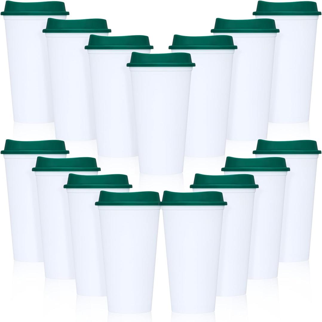 Domensi 15 Pack Reusable Coffee Cups with Lids 16 Oz Disposable Travel Cups Bulk Plastic to Go Coffee Tumblers for DIY Hot Cold Drink Party Favors Coworker, Microwaveable (White with Green Lid)