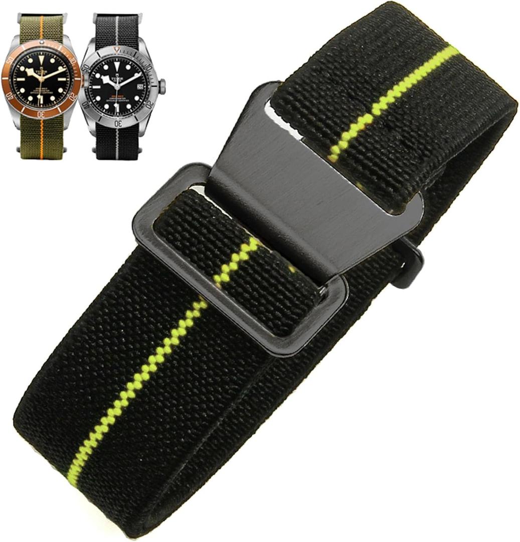 Elastic Nylon Watch Band French Troops Paratrooper Military Parachute Style 18mm 20mm 22mm Hook-and-Loop Premium Striped Fabric Nylon Replacement Watch Strap for Men Women (Black Yellow(Black Buckle))