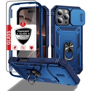 Compatible with iPhone 16 Pro Max Case with 2 Tempered Glass Screen Protectors,Built-in Kickstand Ring with Camera Cover Shockproof Military Grade Drop Heavy Duty Protection Phone Bumper Blue