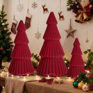 Red Christmas Table Decorations Indoor- 3 Pcs Flocked Velvet Christmas Trees with Lights, Modern Cone Christmas Tree Tabletop Centerpieces for Xmas Party Tabletop Mantel Tiered Tray Home Decor
