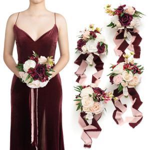 Ling's moment Artificial Flowers Marsala Red & Pink Bridesmaid Bouquet Set of 4, Wedding Flowers Bouquets for Bridesmaids, 7 Inch Bridal Bouquets for Bridesmaids, Wedding Decor, Ceremony, etc