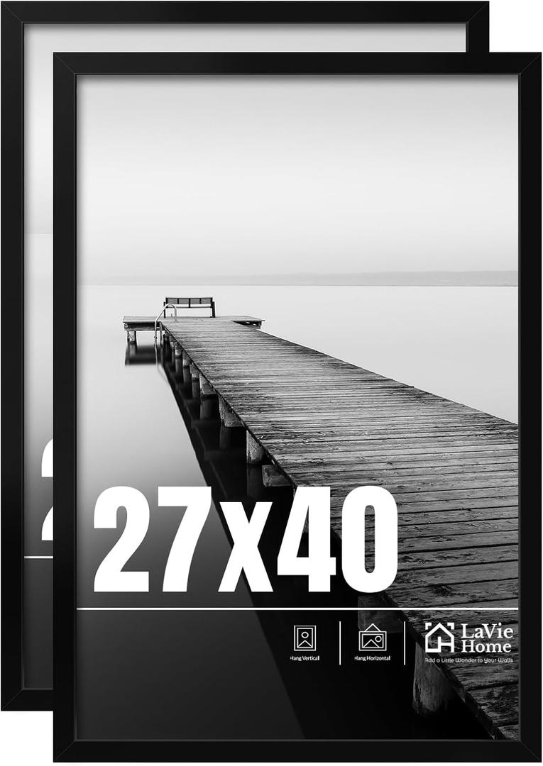 27x40 Picture Frame 2 pack, Display Pictures 27 x 40 Poster Frame, 27x40 Black Photo Frame with HD Plexiglass, Display Frame for Vertical or Horizontal, Classic Collection