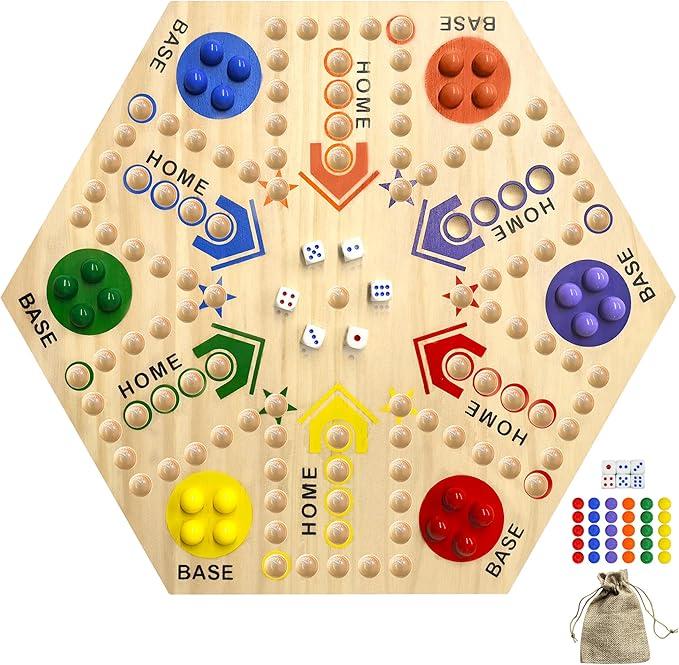 Wooden Board Game, Board Game Original Marble Game Double Sided Painted 2 to 6 Player Fast Track Wooden with 6 Colors 24 Marbles 6 Dice for Adults Kids Family (24 INCH)