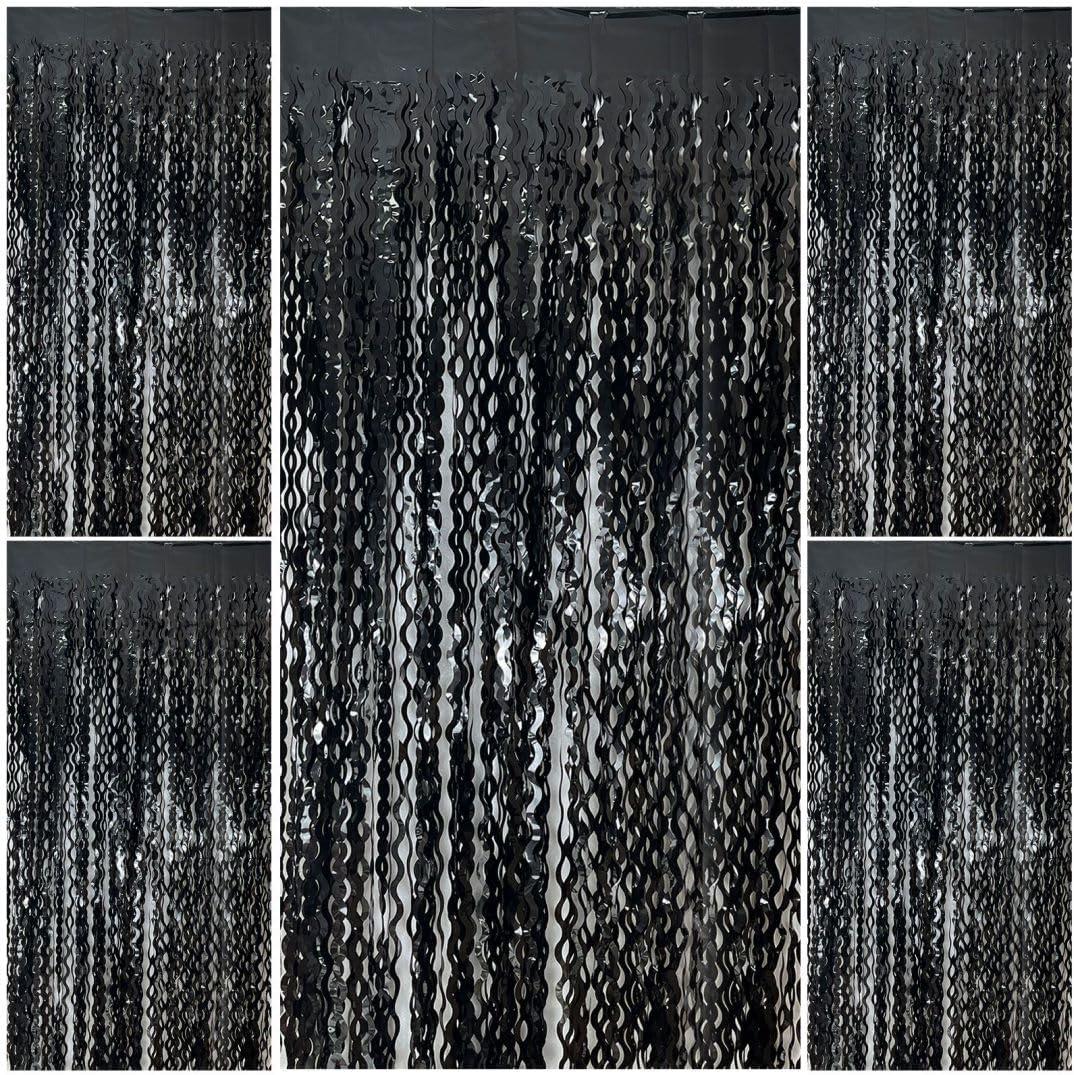 Black Fringe Curtain Party Streamers 5Pcs Foil Fringe Backdrop Curtains Wave Tinsel Streamers Black Party Decorations Door Streamers for Birthday Wedding Bridal Shower Halloween Decor