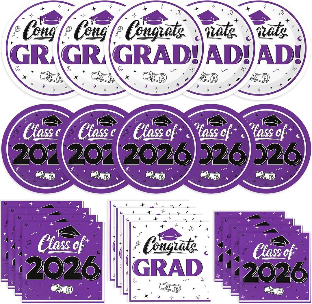 Graduation Decorations 2026, 200 Pcs Class of 2026 Graduation Party Supplies Kit with Paper Plates, Luncheon and Cocktail Napkins, Congrats Grad Decorations for 50 Guests (Purple)