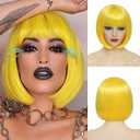 Yellow Bob Wig With Bangs - Short Yellow Wig For Women, Straight Bob Bangs, 10 Inch Natural Looking, For Daily Party Use