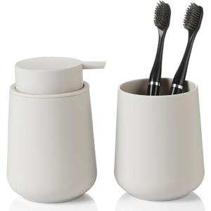 YAUKPH Matte Beige Bathroom Accessories 2 Piece Set Plastic Soap Dispenser and Toothbrush Holder for Modern Bathroom Decor