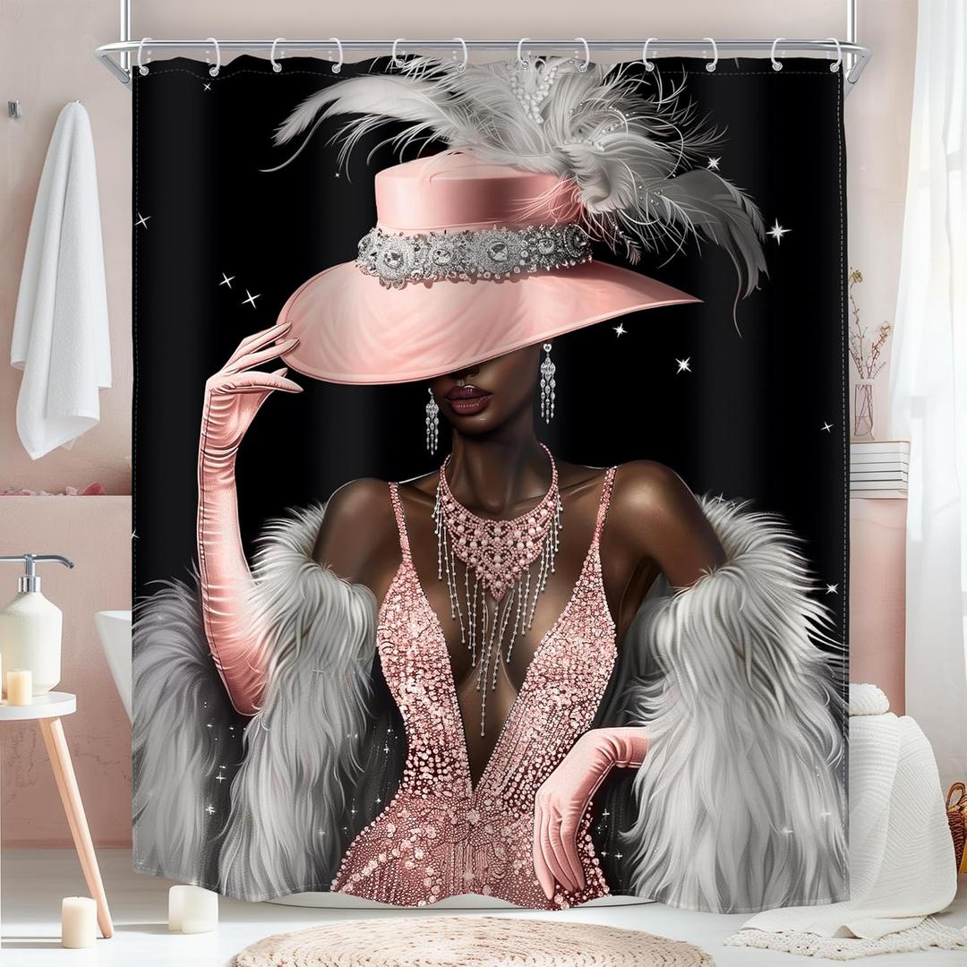 MESHELLY Pink Black Girl Shower Curtain 60Wx72H Modern African American White Fashion Dress Diamond Luxury Bathroom Curtain Elegant Bath Curtain Cloth Fabric Bathroom Accessories Decor with 12 Hooks (60"W x 72"L (Pack of 1), 07pink White)